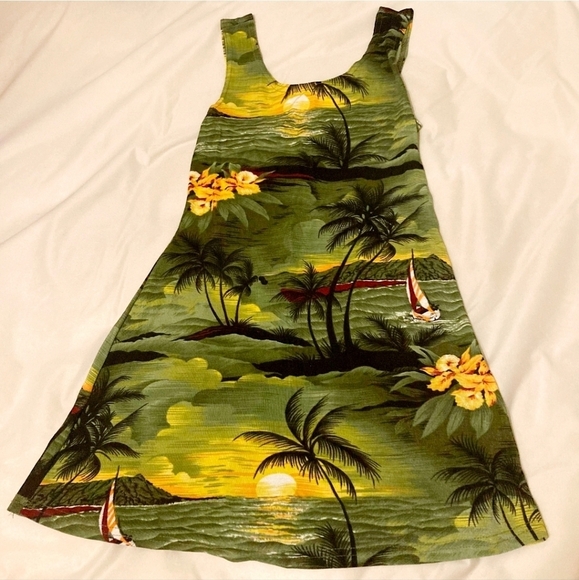 Vintage 90's Green Hawaiian Mini Tank Sun Dress Sunset Junior's Medium M EUC - Picture 3 of 6